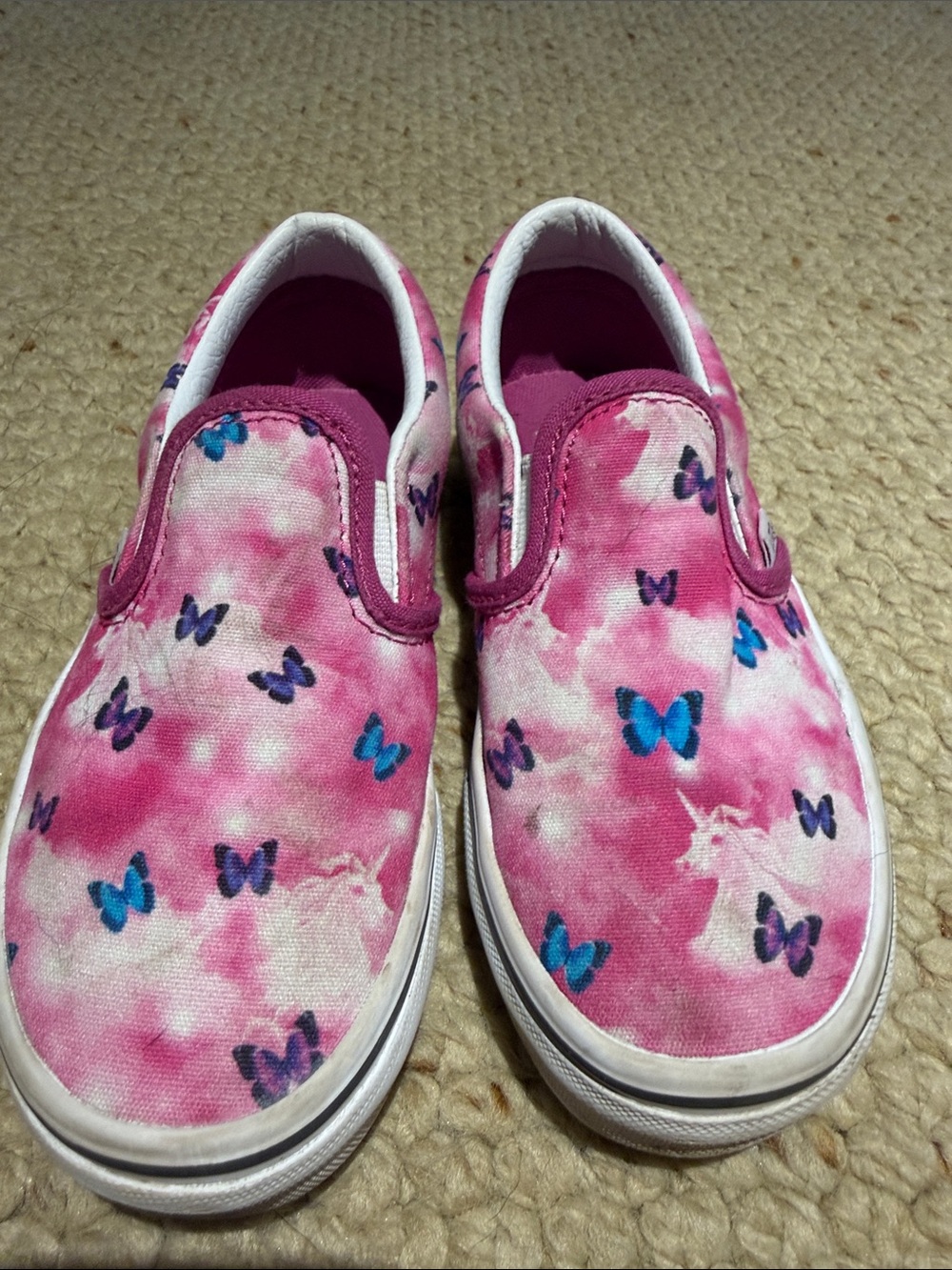 EUC Vans Kids Pink Butterfly Slip-On Sneakers with Blue Accents, size 12.5